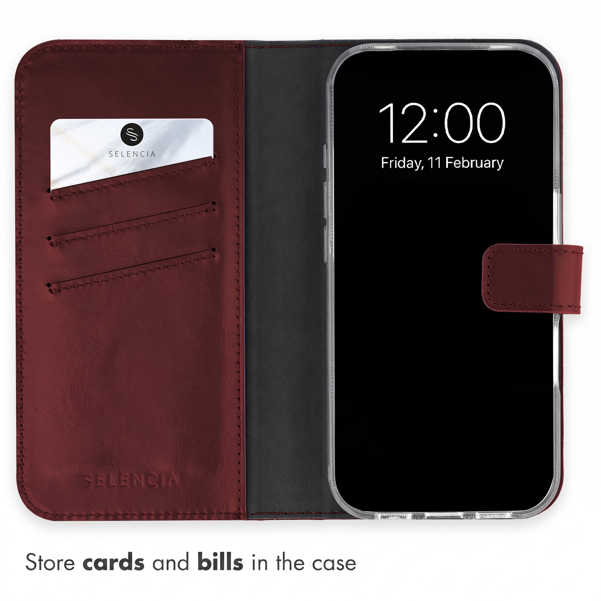 Weinrote Leder-Handyhülle mit Kartenfächern und Smartphone.