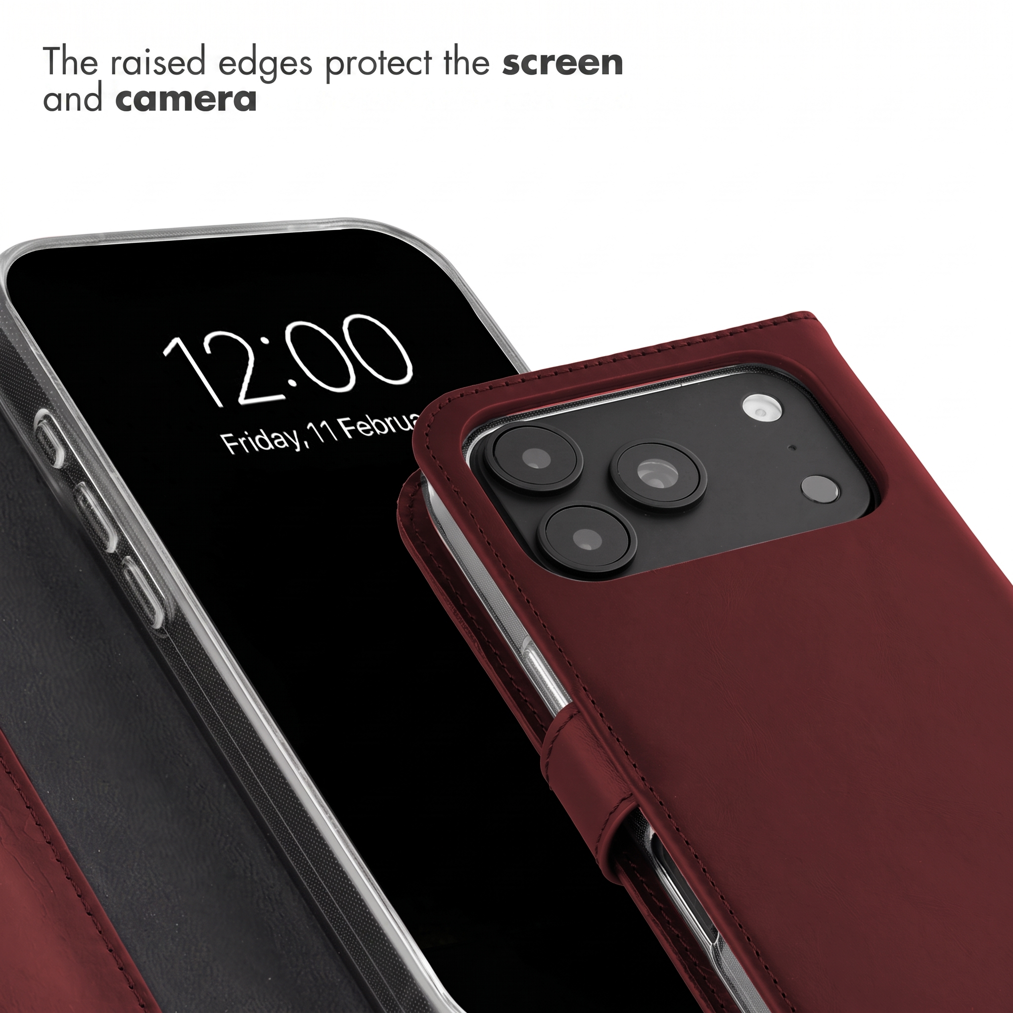 Ein Smartphone in roter Hülle mit Uhrzeit, mit erhöhten Kanten zum Schutz von Bildschirm und Kamera.
