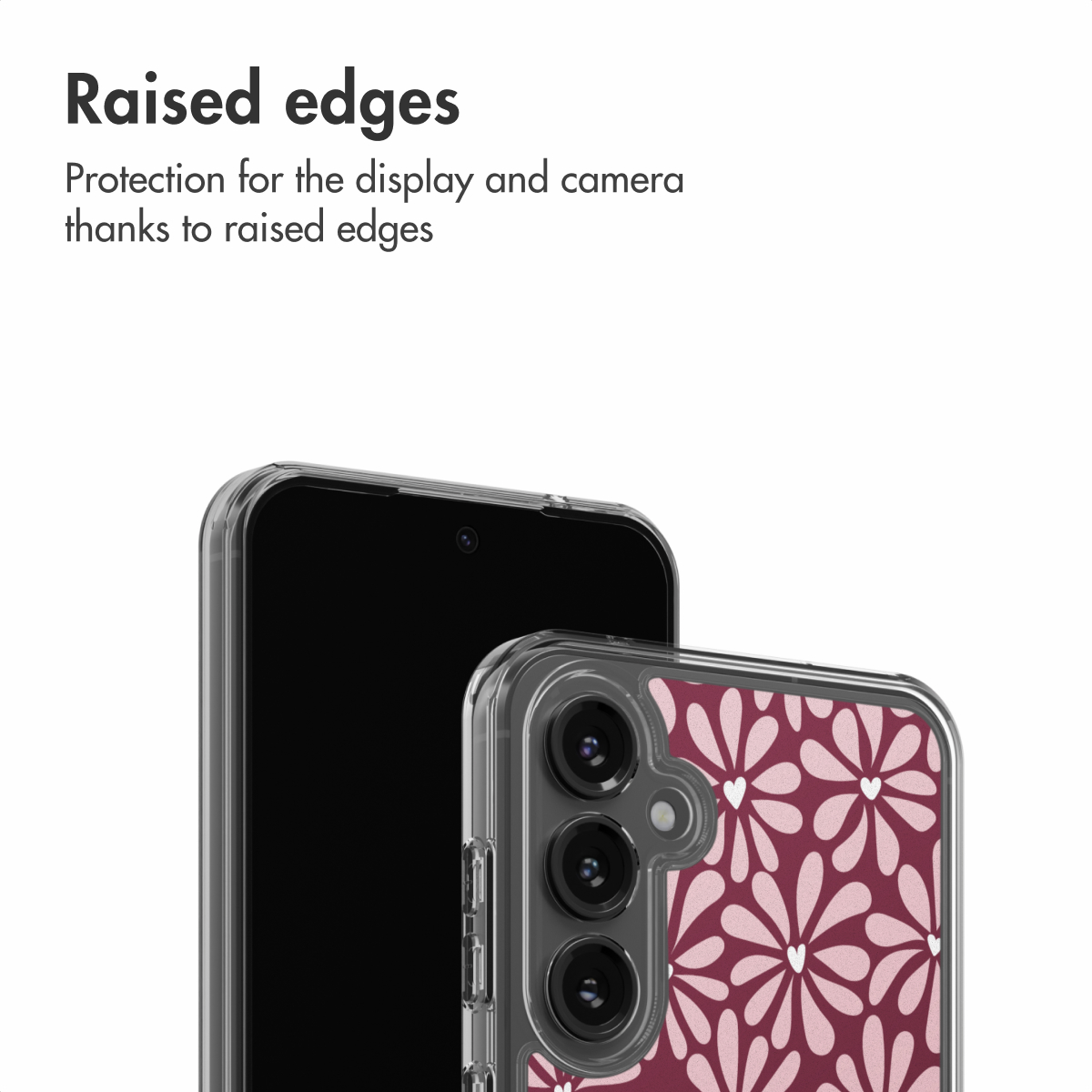 Ein Smartphone in einer klaren Hülle mit rosafarbenem Blumenmuster zeigt erhöhte Ränder für Display- und Kameraschutz.