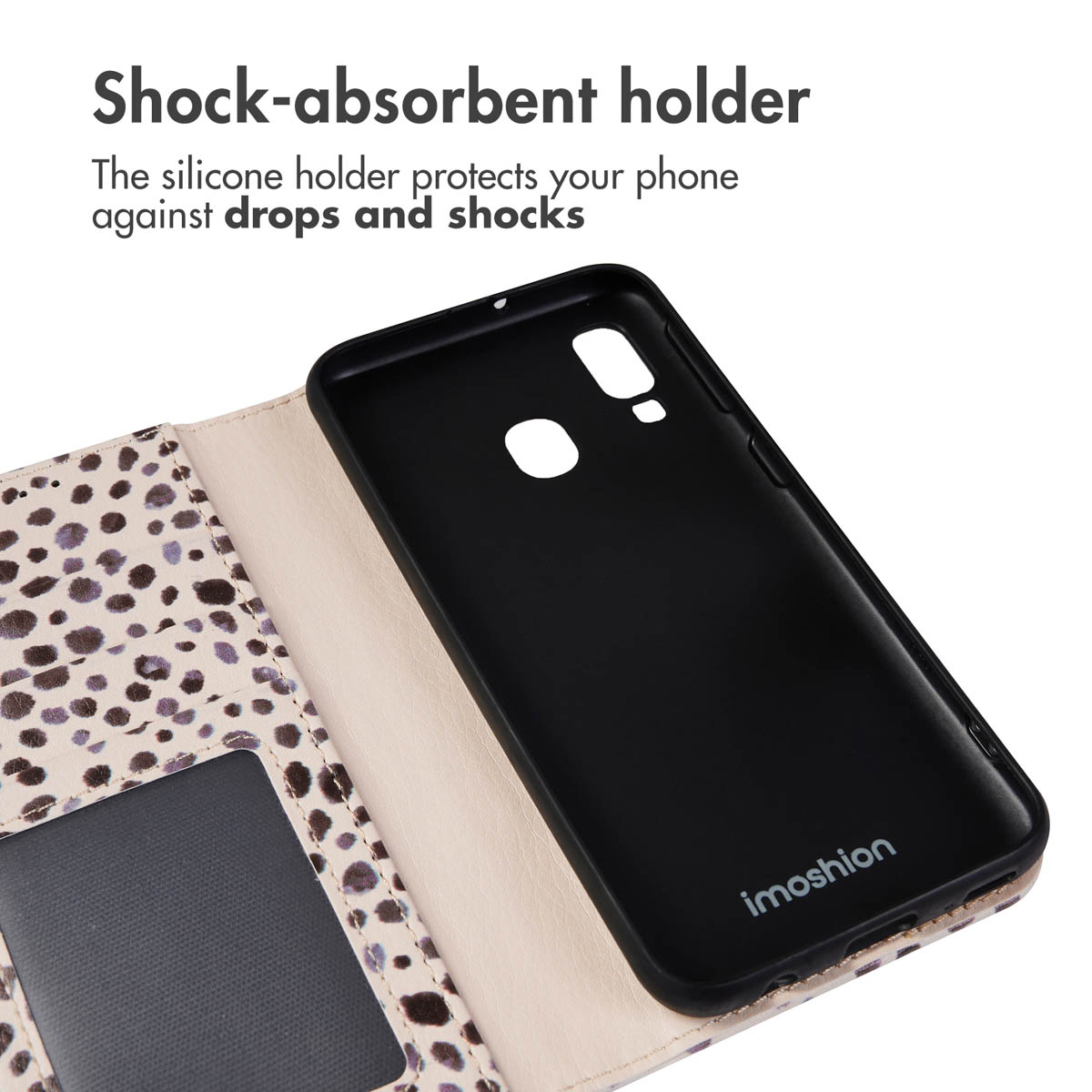 Custodia per telefono aperta con supporto in silicone nero e stampa leopardata.