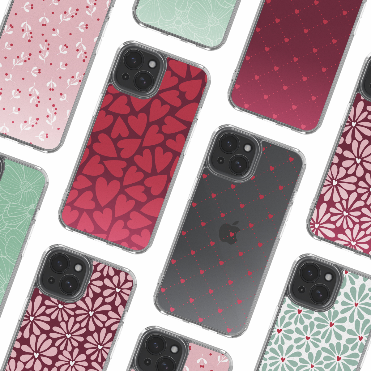 Meerdere smartphonehoesjes met kleurrijke patronen van harten, bloemen en bessen.