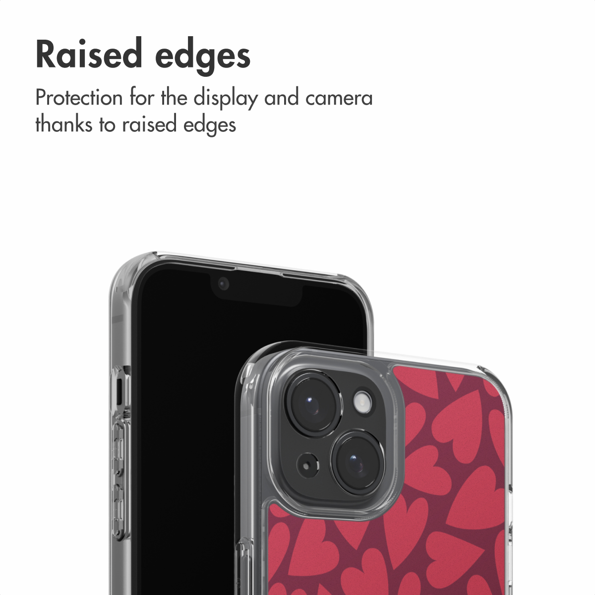 Telefoonhoesje met rood hartjespatroon en verhoogde randen.