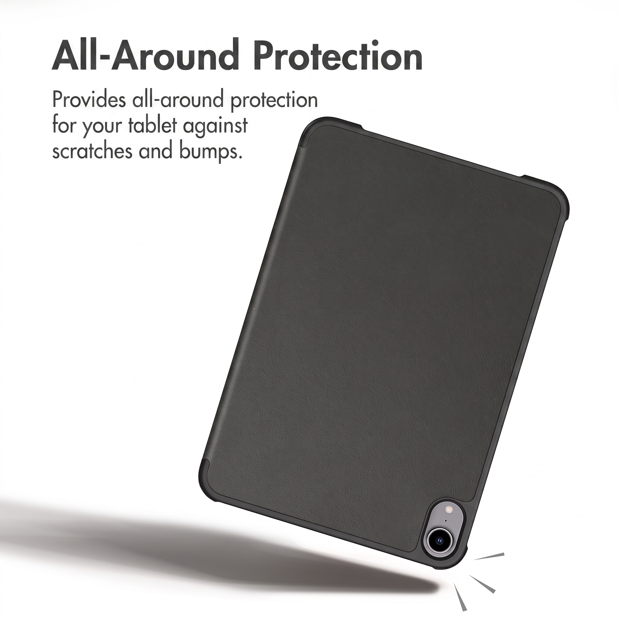 Un tablet grigio in una custodia protettiva fluttua su sfondo bianco con testo.