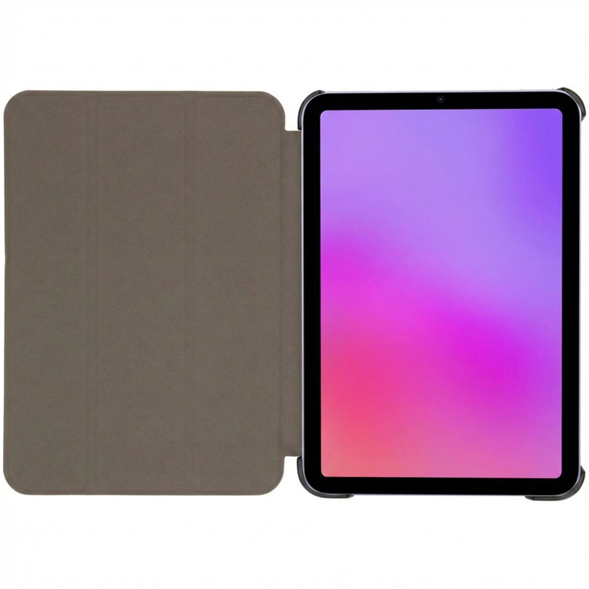 Un tablet con uno sfondo viola e rosa, posizionato in una custodia protettiva grigia su sfondo bianco.