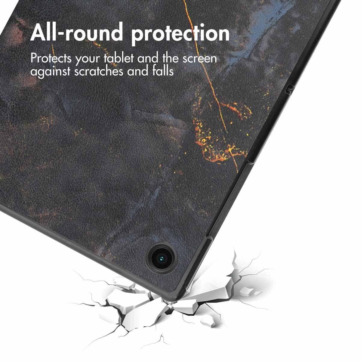 A tablet in a dark marble-patterned case hovering above a cracked white surface with protective text overlay.