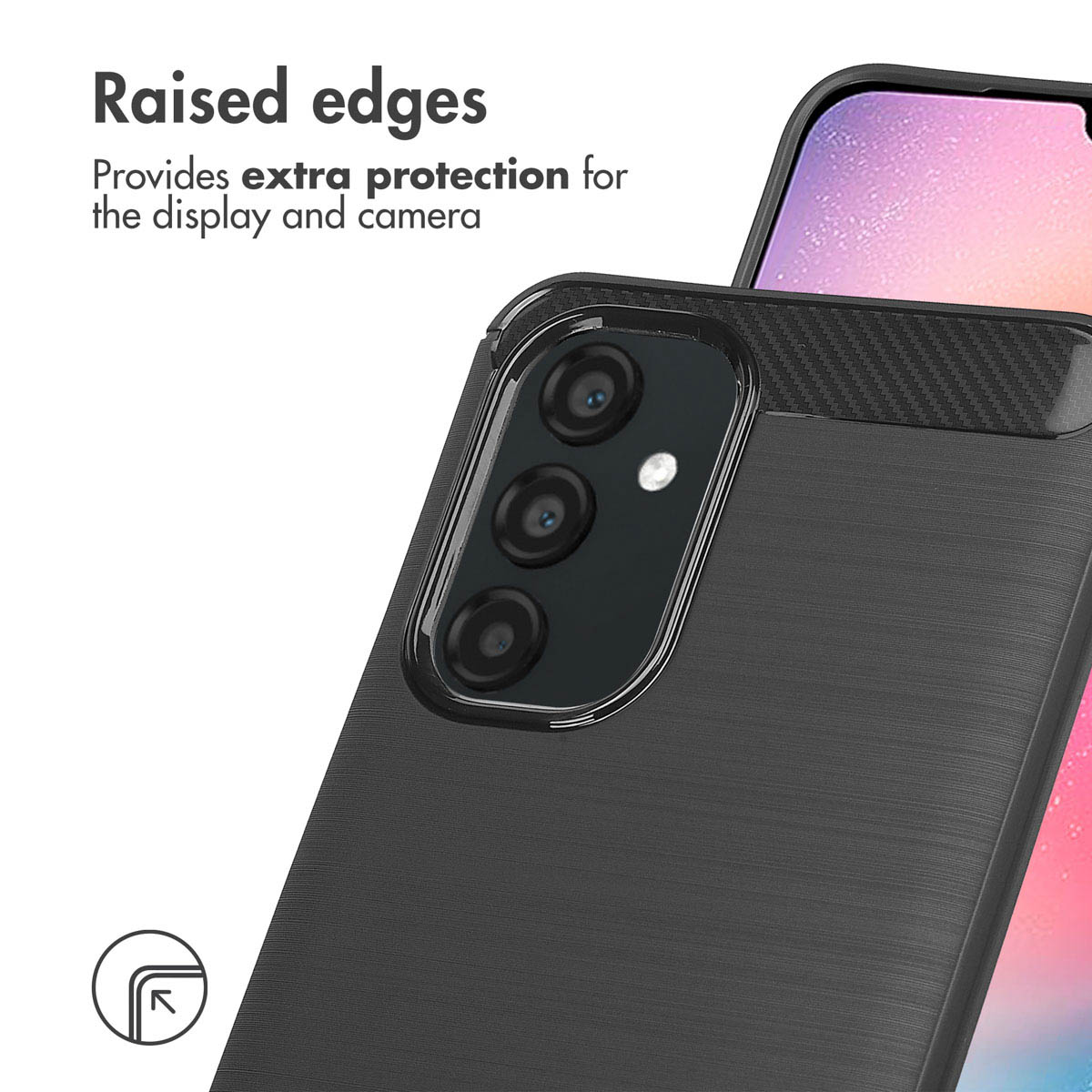 Funda protectora negra con bordes elevados para pantalla y cámara.