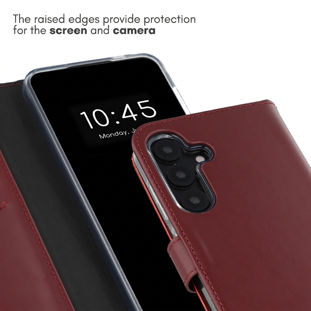 A red leather phone flip case showing camera cutouts and the phone screen.