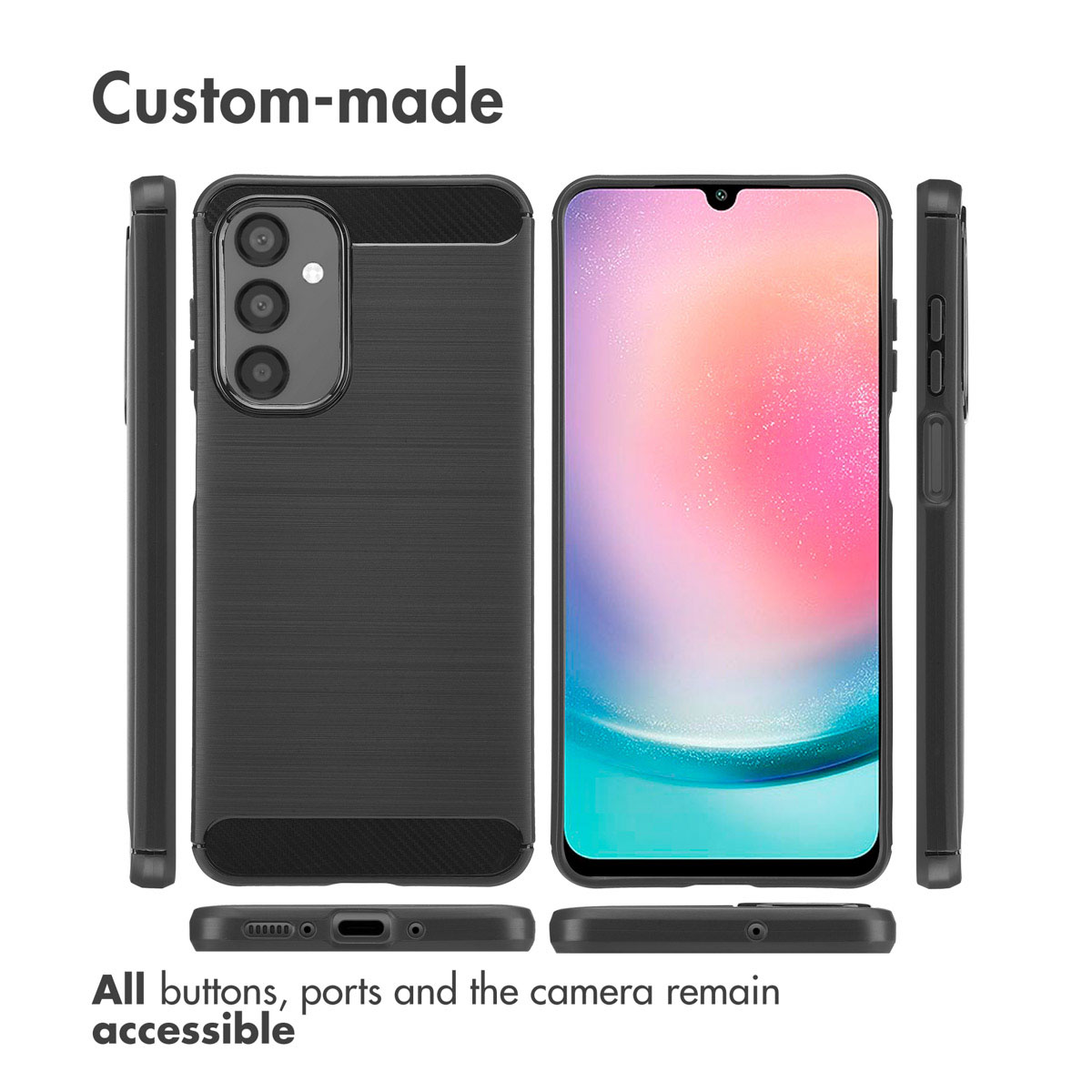 Múltiples ángulos de una funda de smartphone negra con textura de metal cepillado.