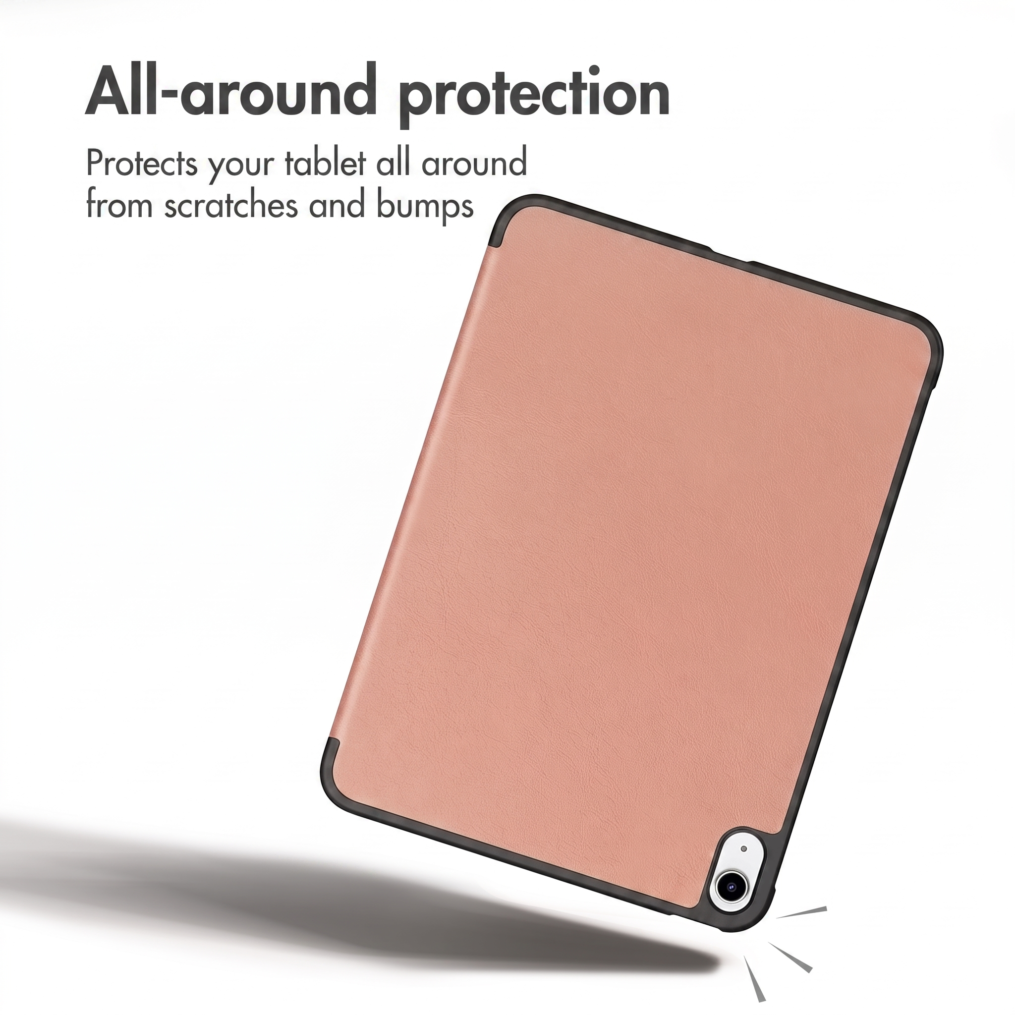 Una custodia per tablet color oro rosa con cornice nera su sfondo bianco e testo in alto.