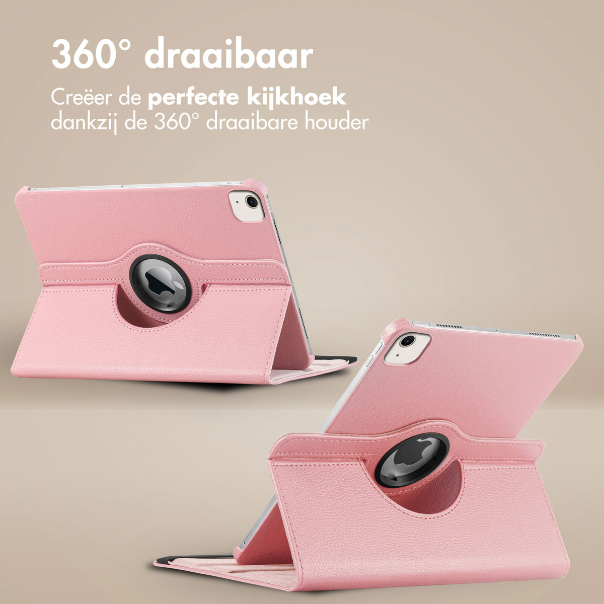 Two pink leather tablet cases with 360-degree rotating stands against a beige background.
