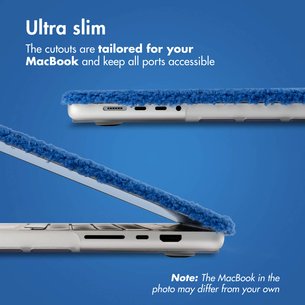 Un MacBook con funda de felpa azul, mostrando puertos y ranuras en los laterales.