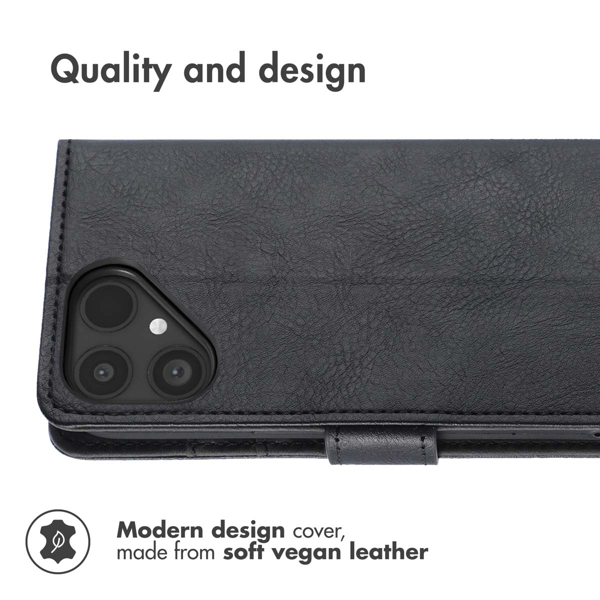 Black vegan leather phone case with camera cutout and quality text.