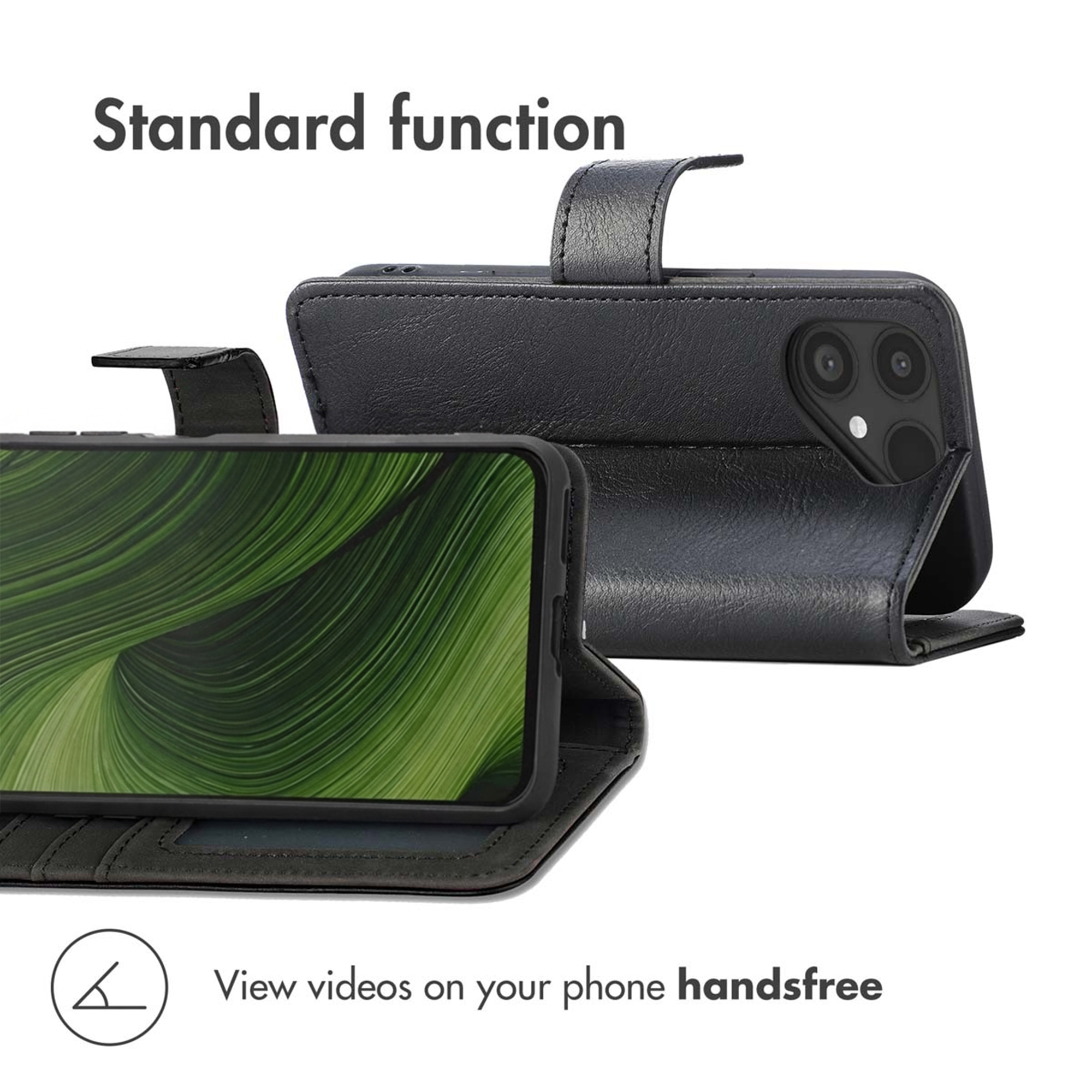 Black leather phone case acting as a stand, showing a green pattern on the screen.