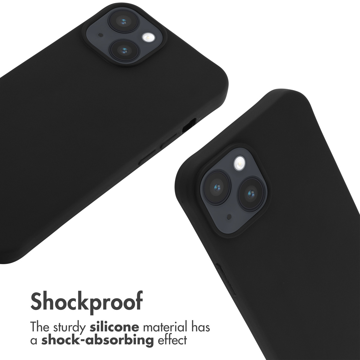 Deux coques de téléphone en silicone noir avec découpes pour l'appareil photo et le texte Shockproof.