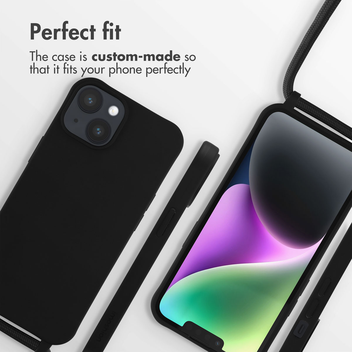 Coque de téléphone noire avec lanière sur fond blanc.