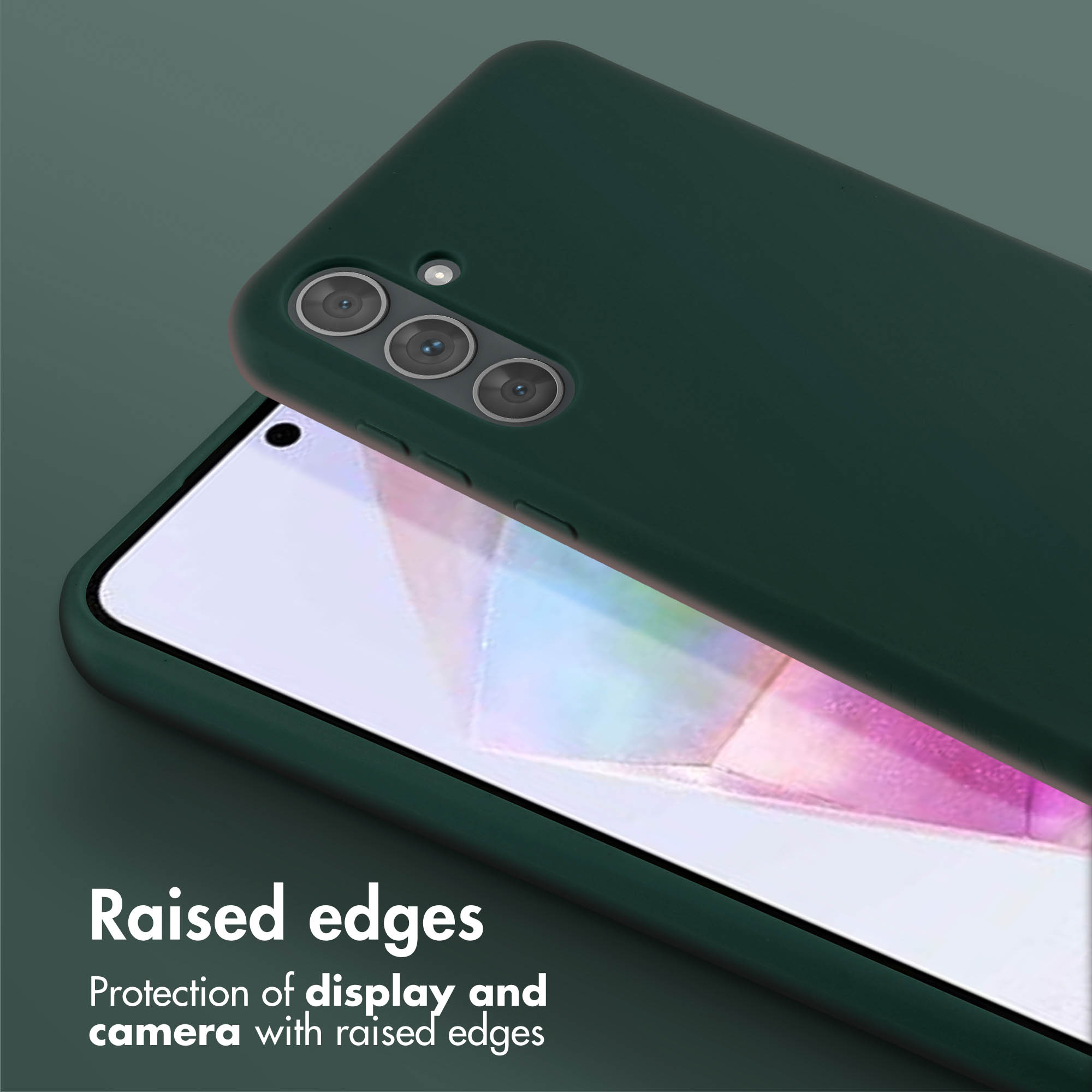 Dunkelgrüne Smartphone-Hülle mit Schutz für Display und Kamera durch erhöhte Ränder.