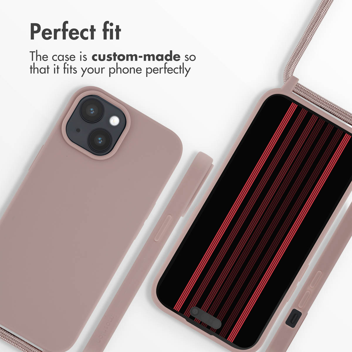 A pink phone case with a strap demonstrates the custom fit.