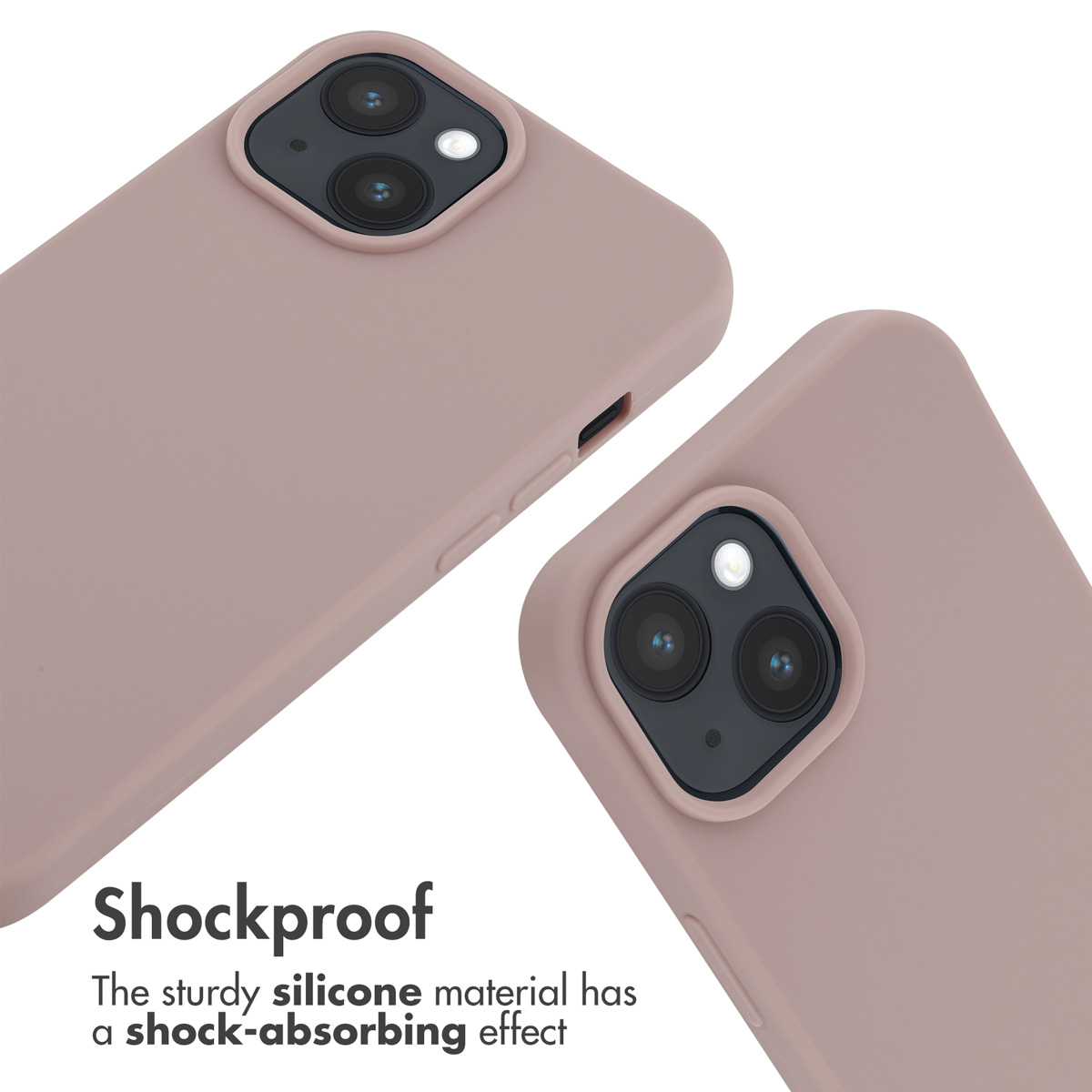 Two dusty pink silicone phone cases shown from different angles with camera cutouts and the text Shockproof.