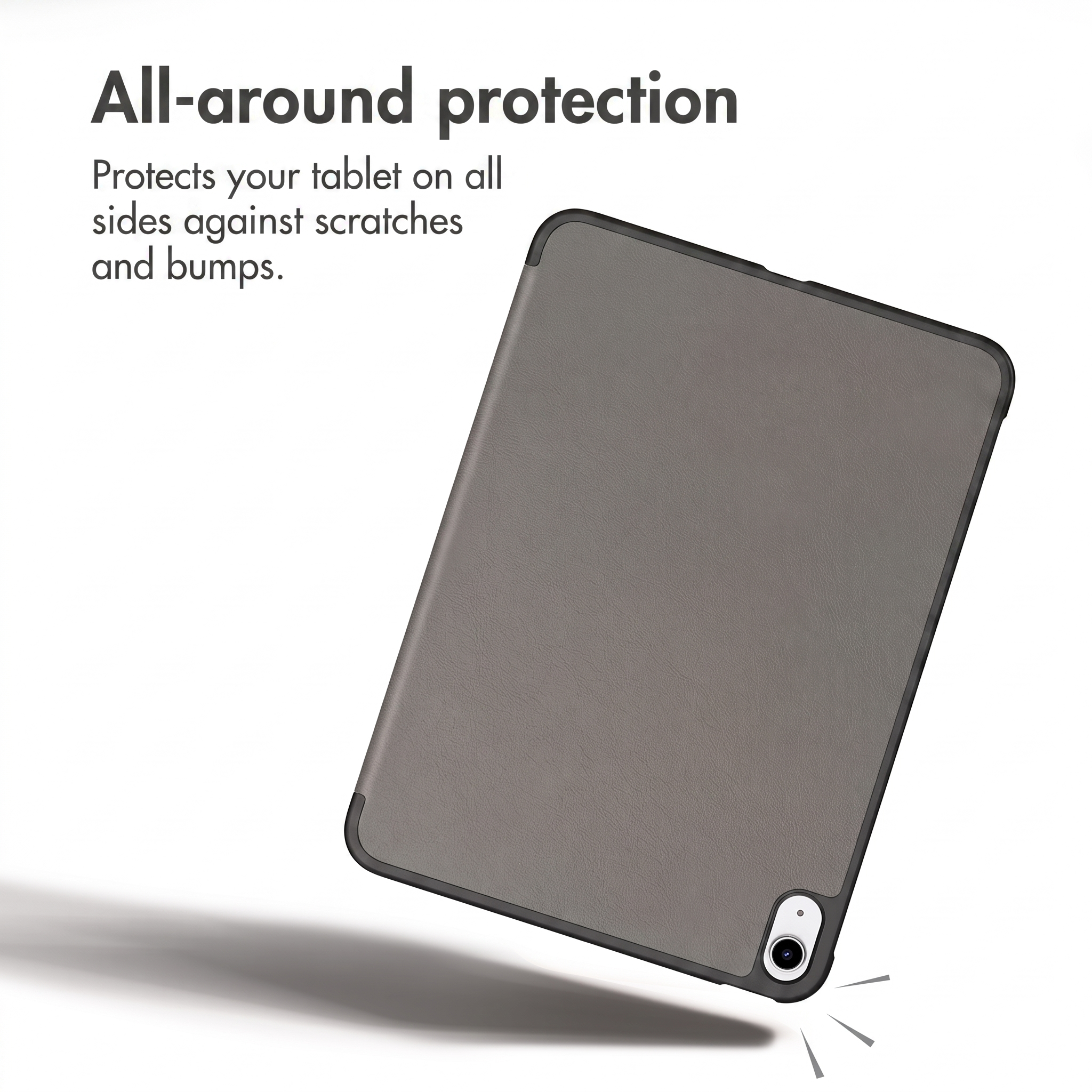 Tablet in custodia grigia con testo sulla protezione da graffi e urti.