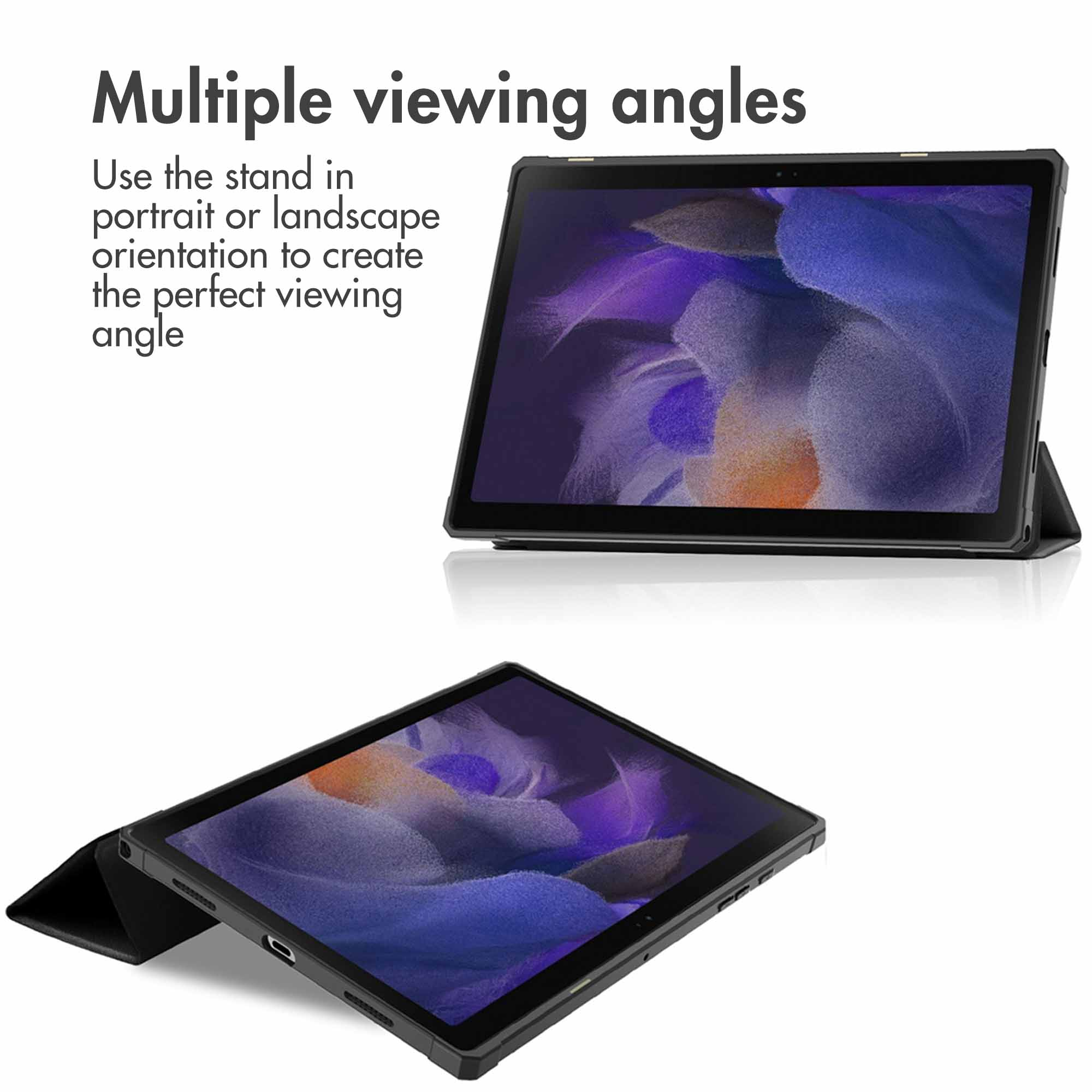 Two black tablet cases with built-in stands for multiple viewing angles shown against a white background.