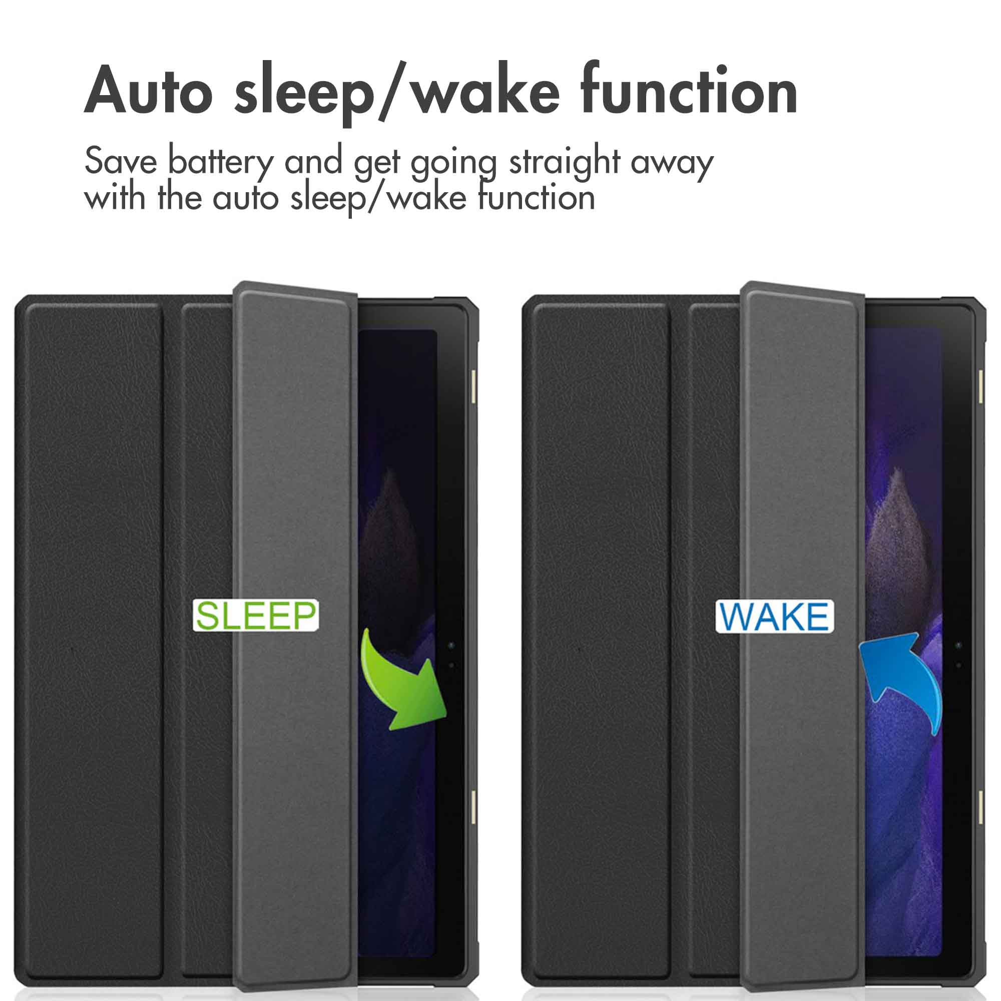 Graphic showing auto sleep and wake function on a tablet case with closed and open covers.