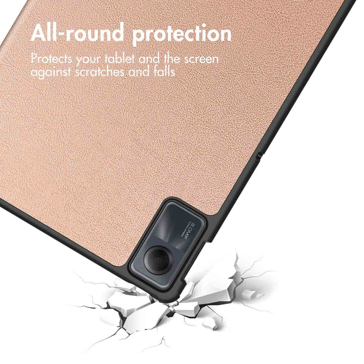 Rose gold tablet cover with camera cutout, text, and cracked background.