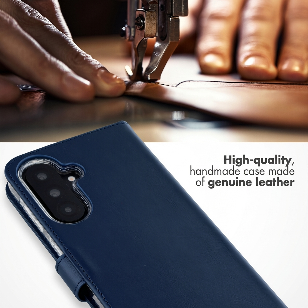 Blaue Handytasche aus Leder neben einer Nähmaschine.