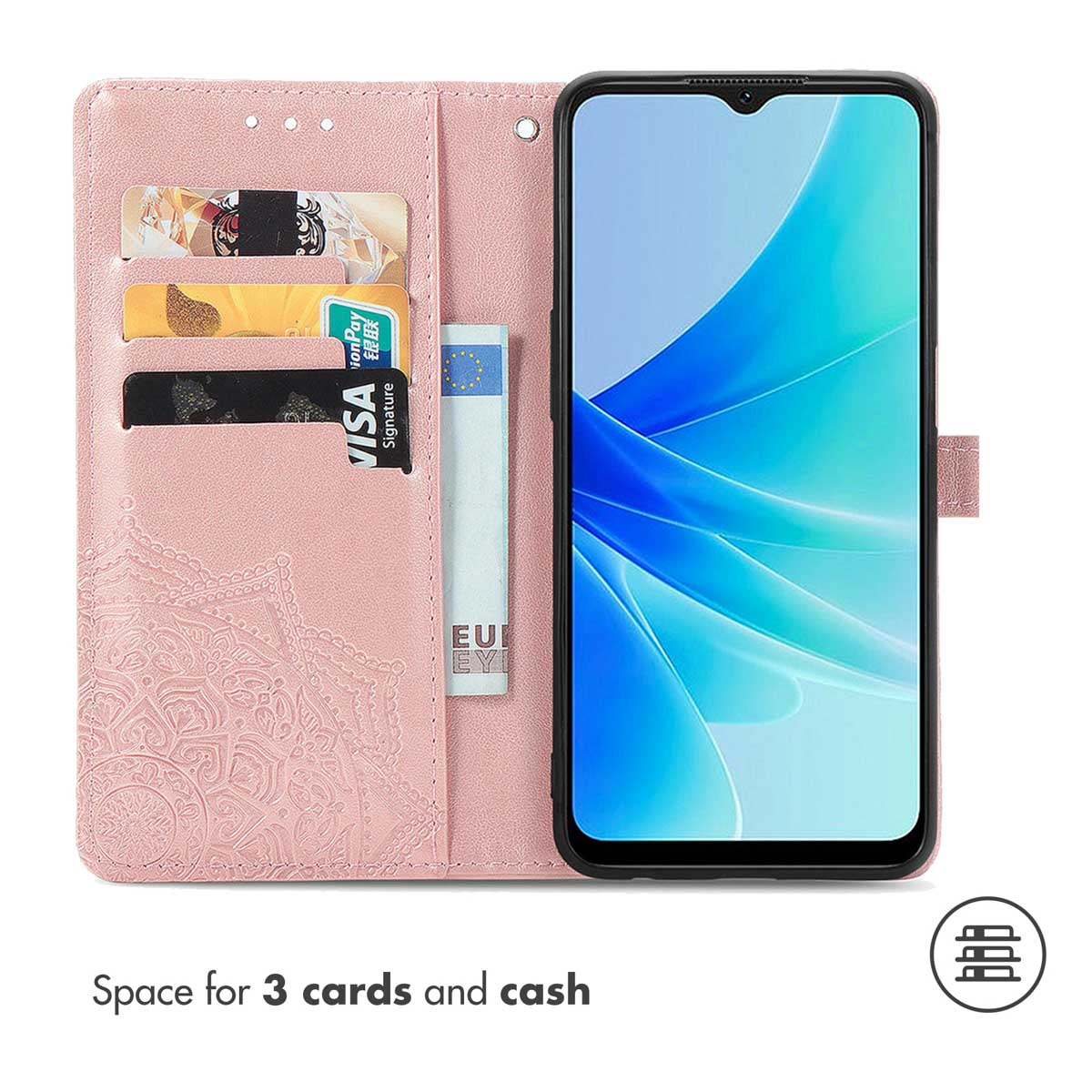 Eine rosa Leder-Handyhülle mit drei Karten und Bargeld sowie einem Smartphone mit blauem abstrakten Bildschirm.