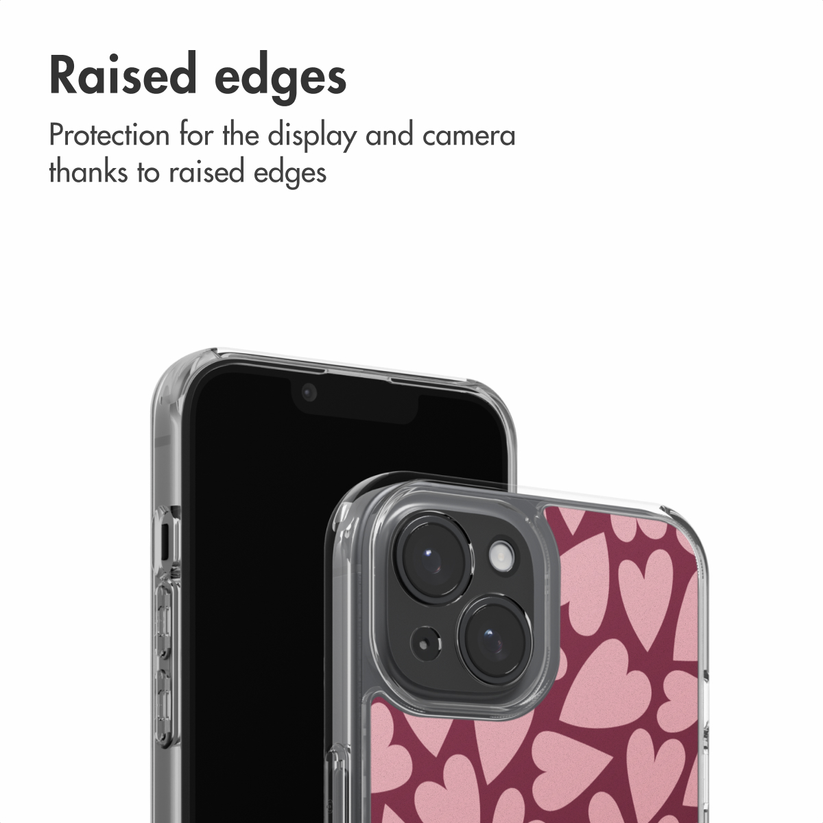 Een smartphone in doorzichtige hoes met roze harten en opstaande randen voor bescherming.