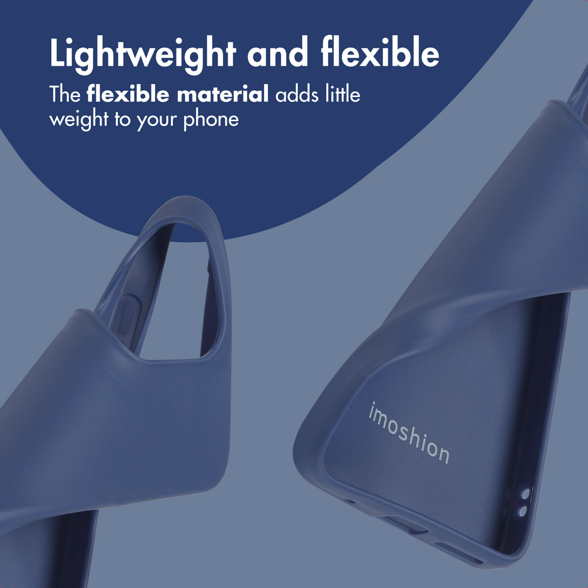 Funda de teléfono azul flexible con el logotipo de imoshion sobre fondo azul.