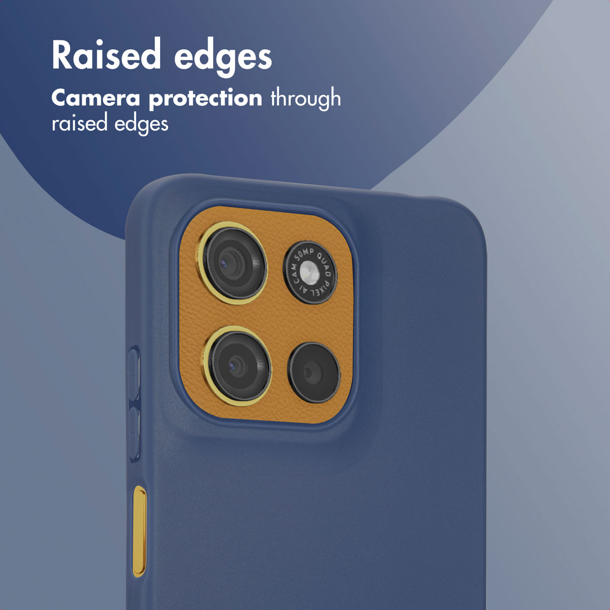 Funda azul para smartphone con módulo de cámara naranja y protección de bordes elevados.