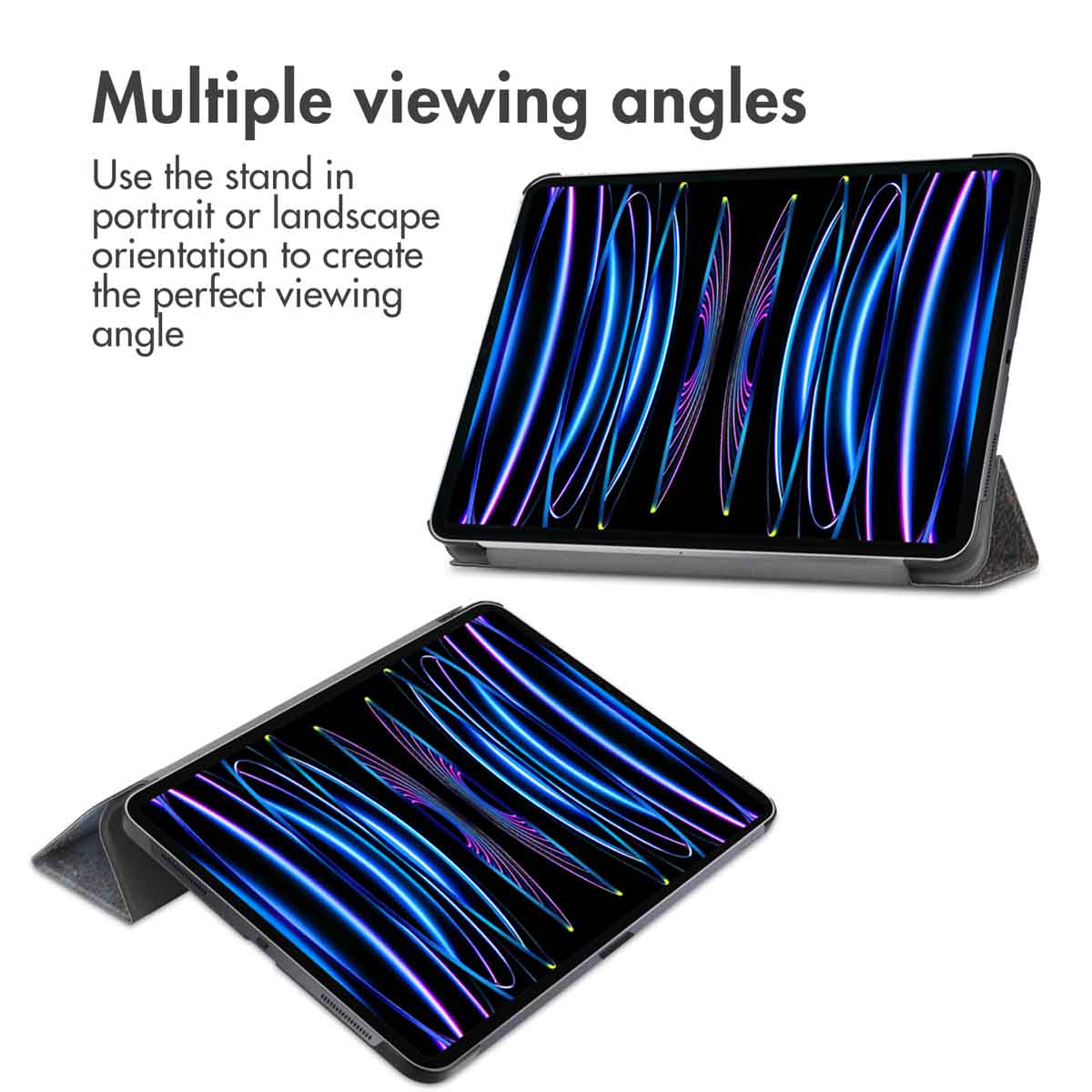 Deux tablettes sur des supports affichent des lignes colorées, avec du texte sur les angles.