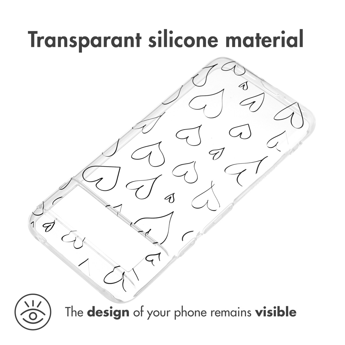 Cover in silicone trasparente con cuori neri e testo su sfondo bianco.