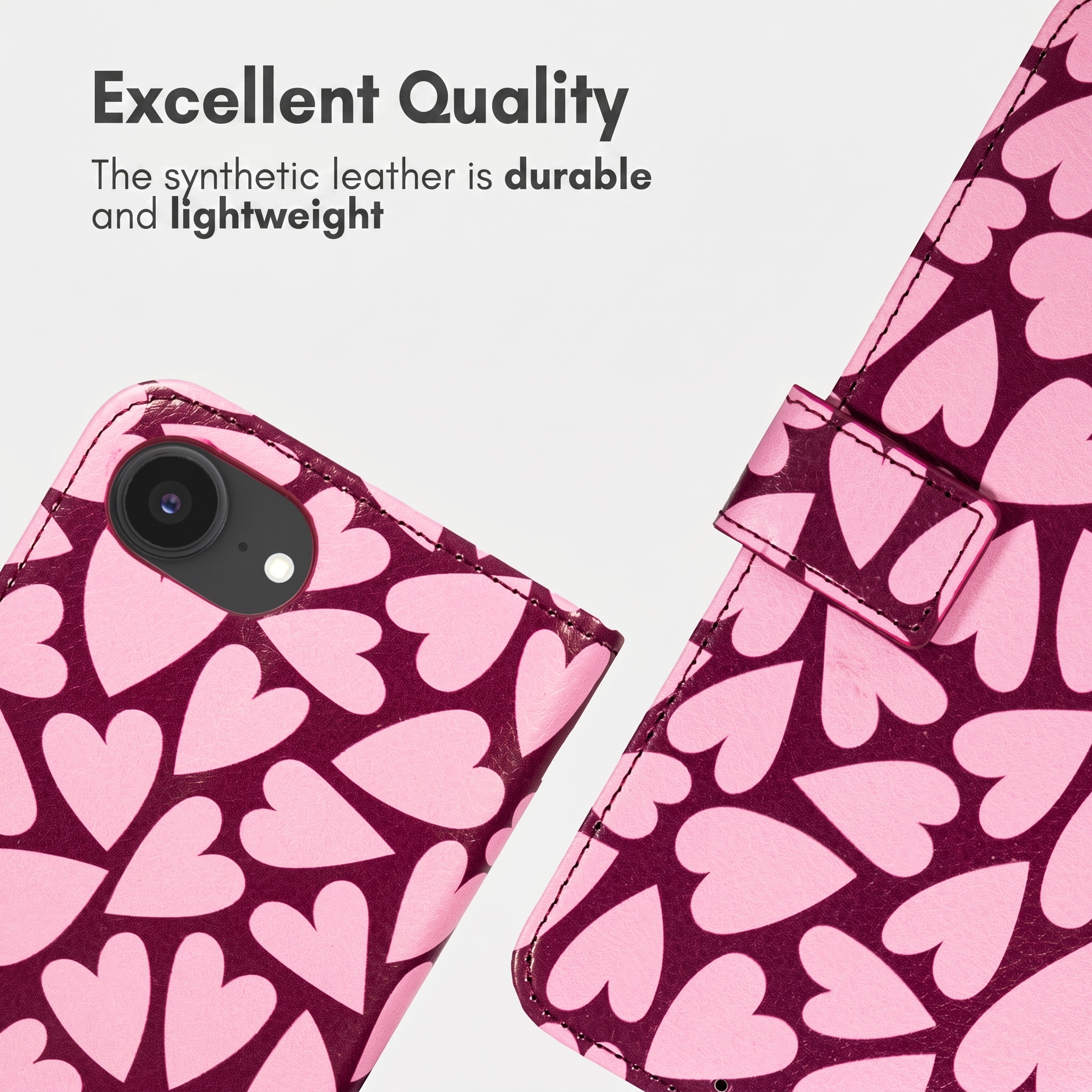 Cover per telefono rosa e bordeaux con cuori, fotocamera e linguetta su sfondo chiaro con testo.