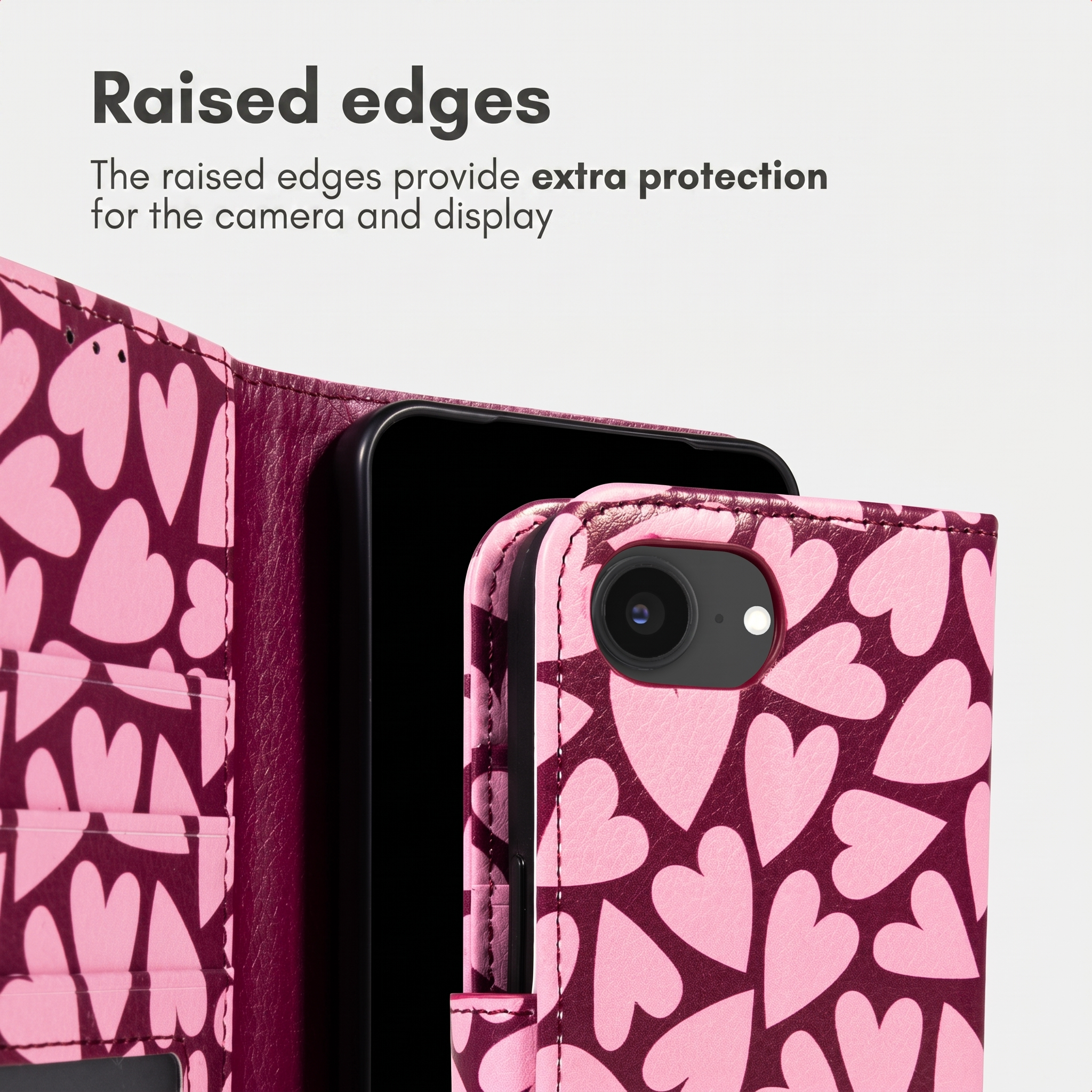 Custodia per telefono rosa e bordeaux con cuori e testo.