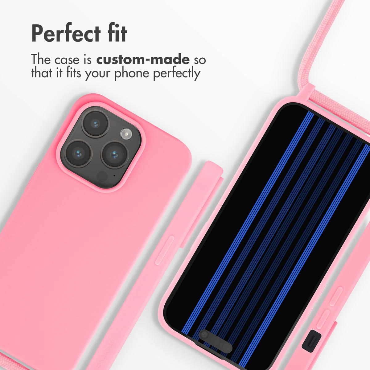 Funda de smartphone rosa con cordón y texto "Perfect fit".