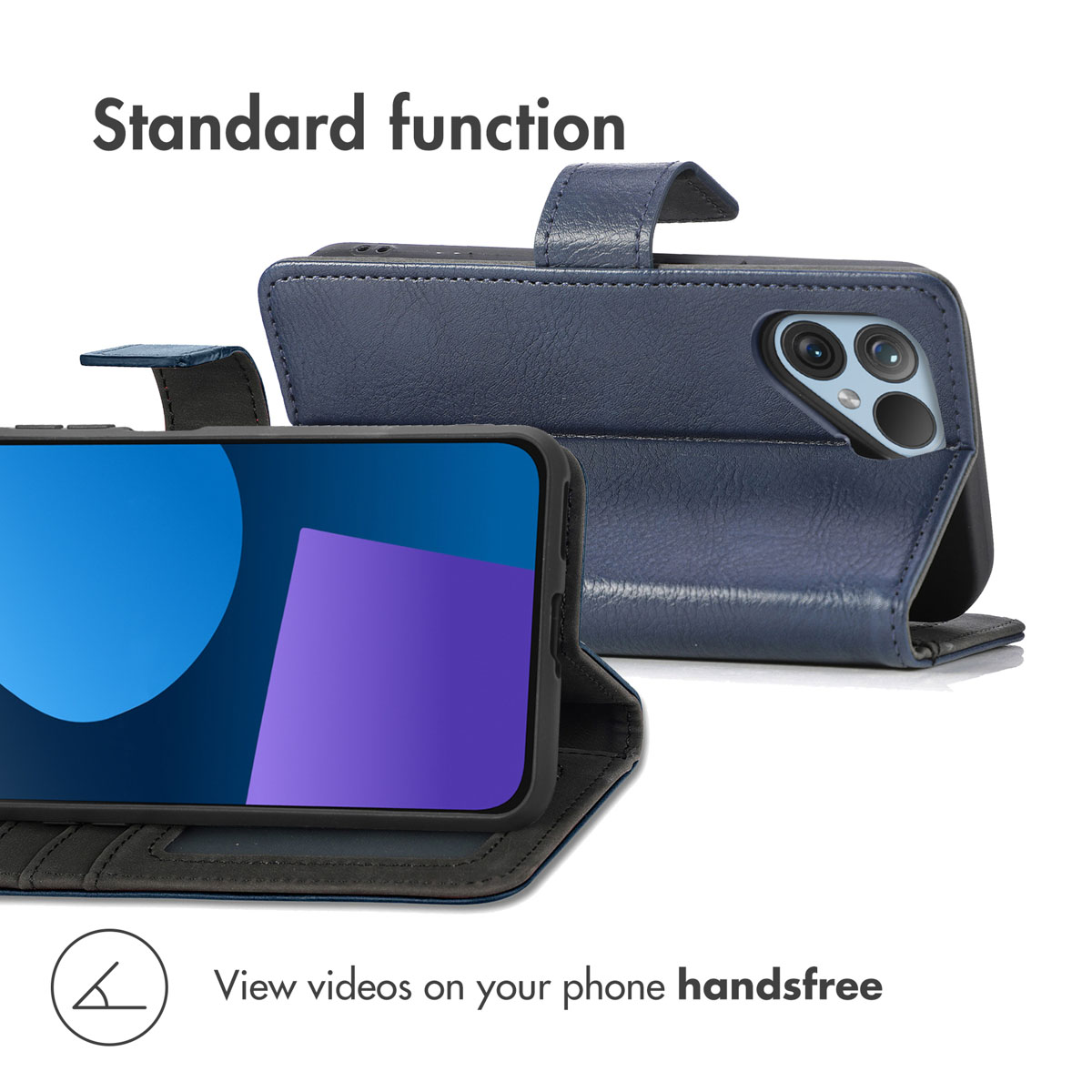 Una custodia in pelle blu per telefono come supporto, schermo colorato davanti e fotocamera dietro.