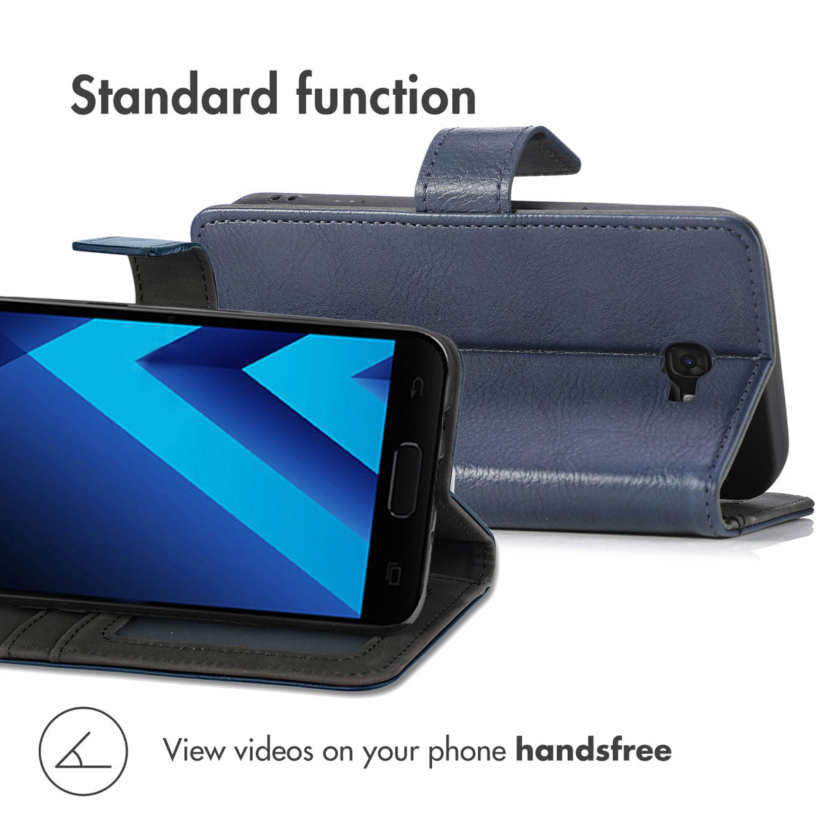 Étui de téléphone en cuir bleu avec fonction support pour regarder des vidéos.