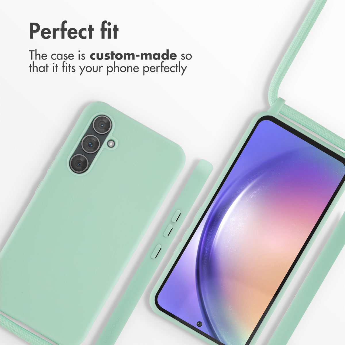 Custodia per telefono verde menta con cordino e schermo colorato su sfondo bianco con testo.