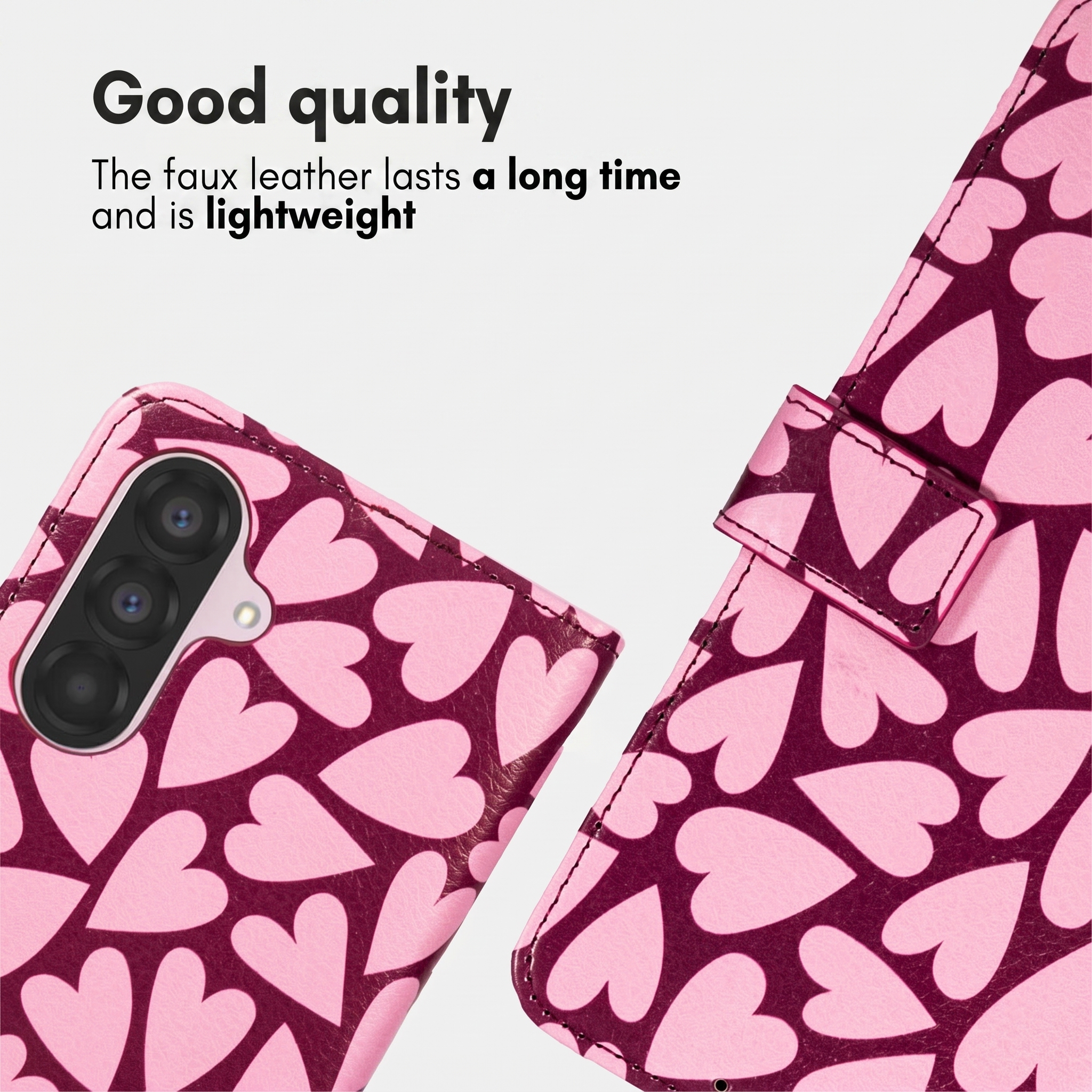 Custodia per telefono in ecopelle rosa con cuori. Testo in alto Good quality.