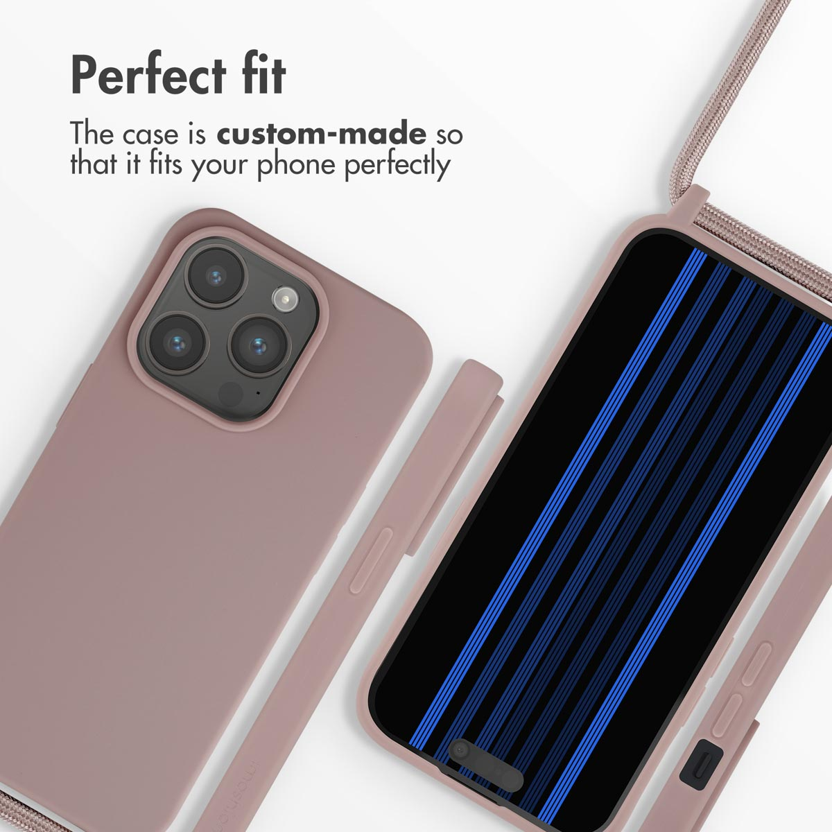 Funda de teléfono rosa polvoriento con cordón a juego que muestra un ajuste perfecto.