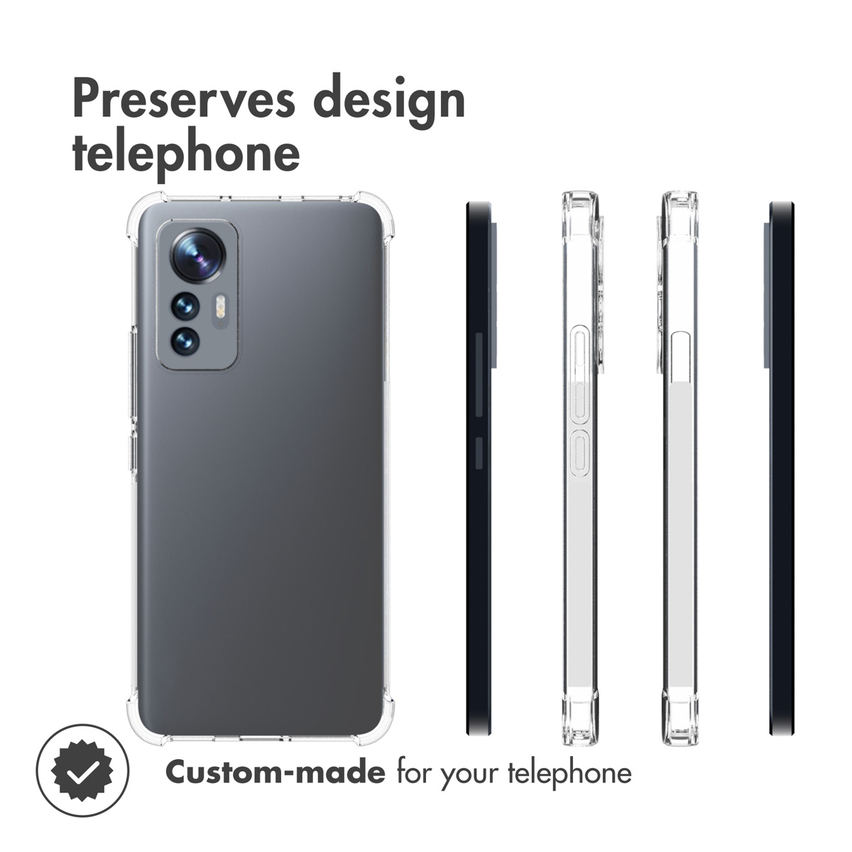 Ein Smartphone in einer transparenten Hülle, von hinten und verschiedenen Seitenansichten gezeigt.