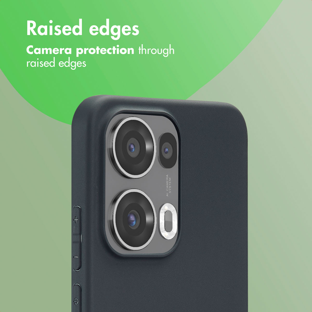 Parte trasera de un smartphone en una funda con bordes elevados.