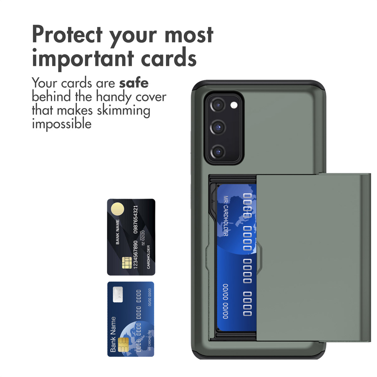 Coque de téléphone verte avec porte-carte intégré à l'arrière et texte de protection.