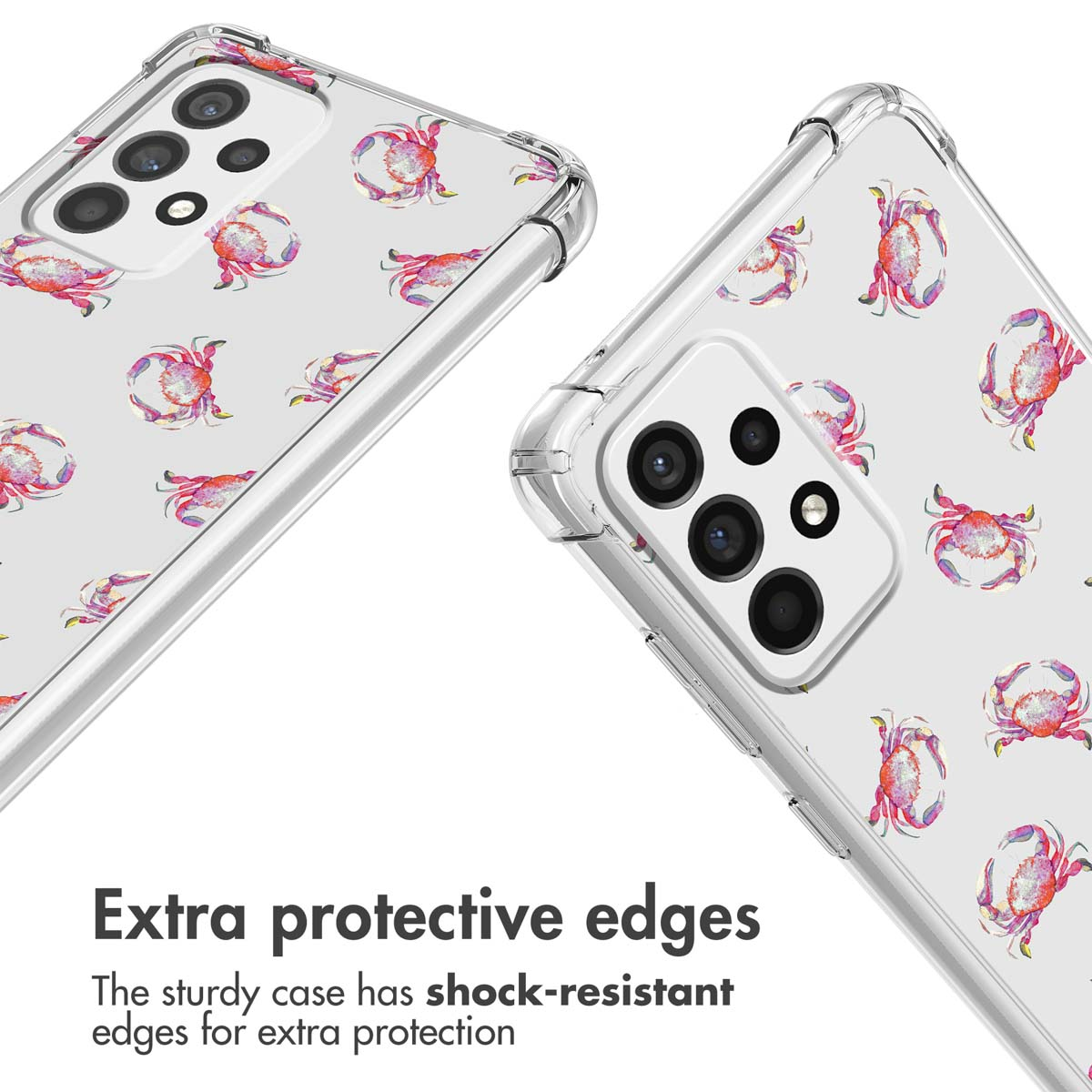 Funda transparente para teléfono con diseño de cangrejo y bordes antigolpes.