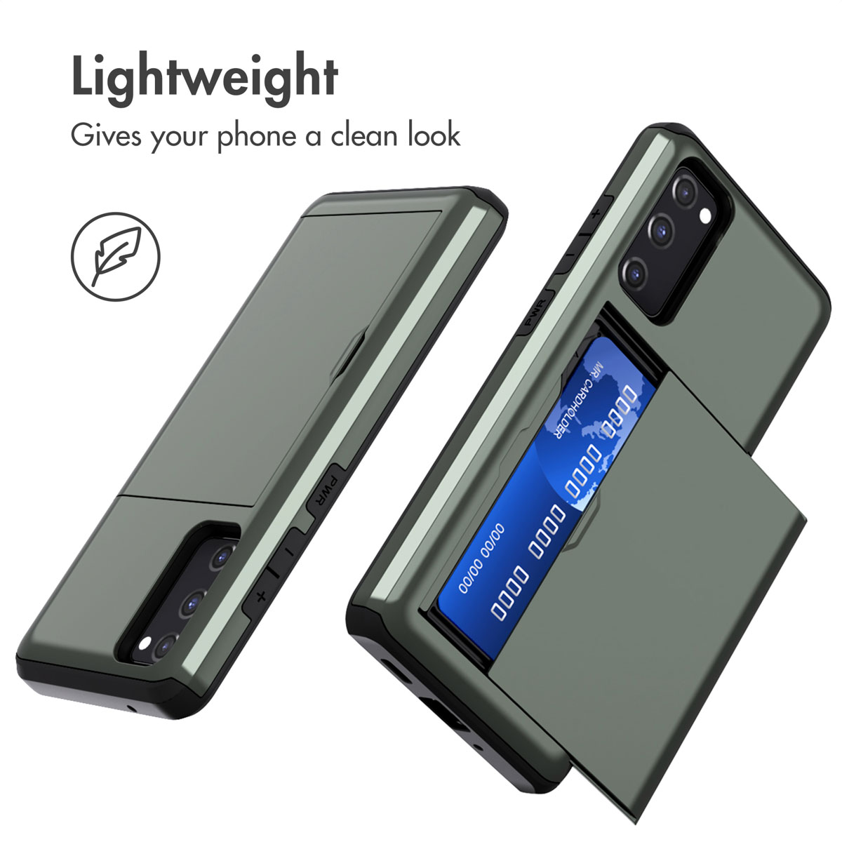 Coque de téléphone verte avec fente pour carte et compartiment ouvert montrant une carte de crédit bleue.
