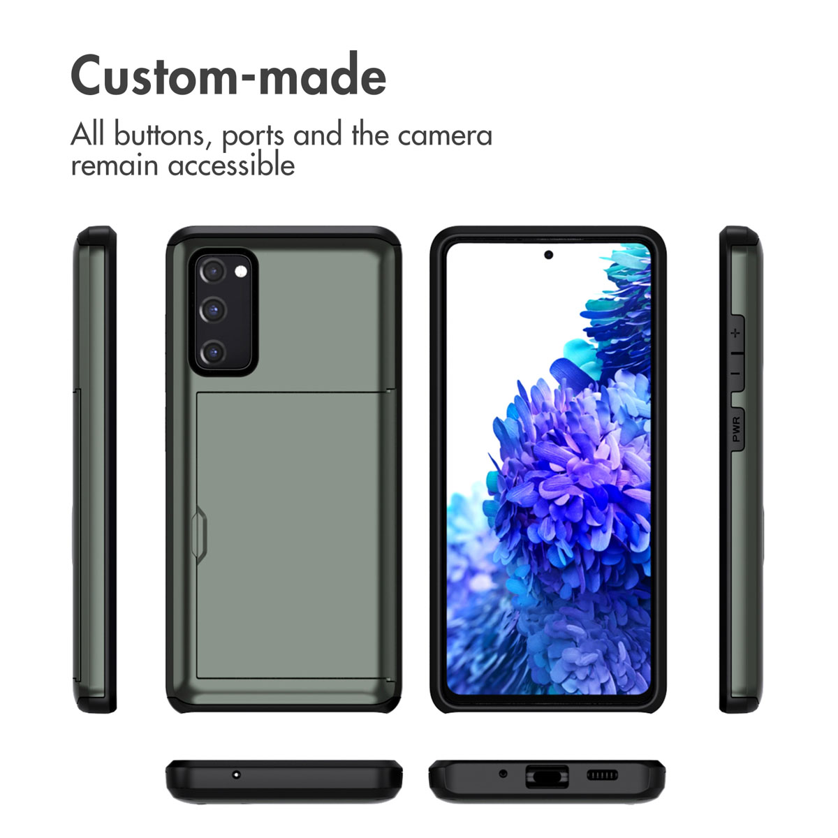 Coque de smartphone verte avec porte-cartes sous plusieurs angles.