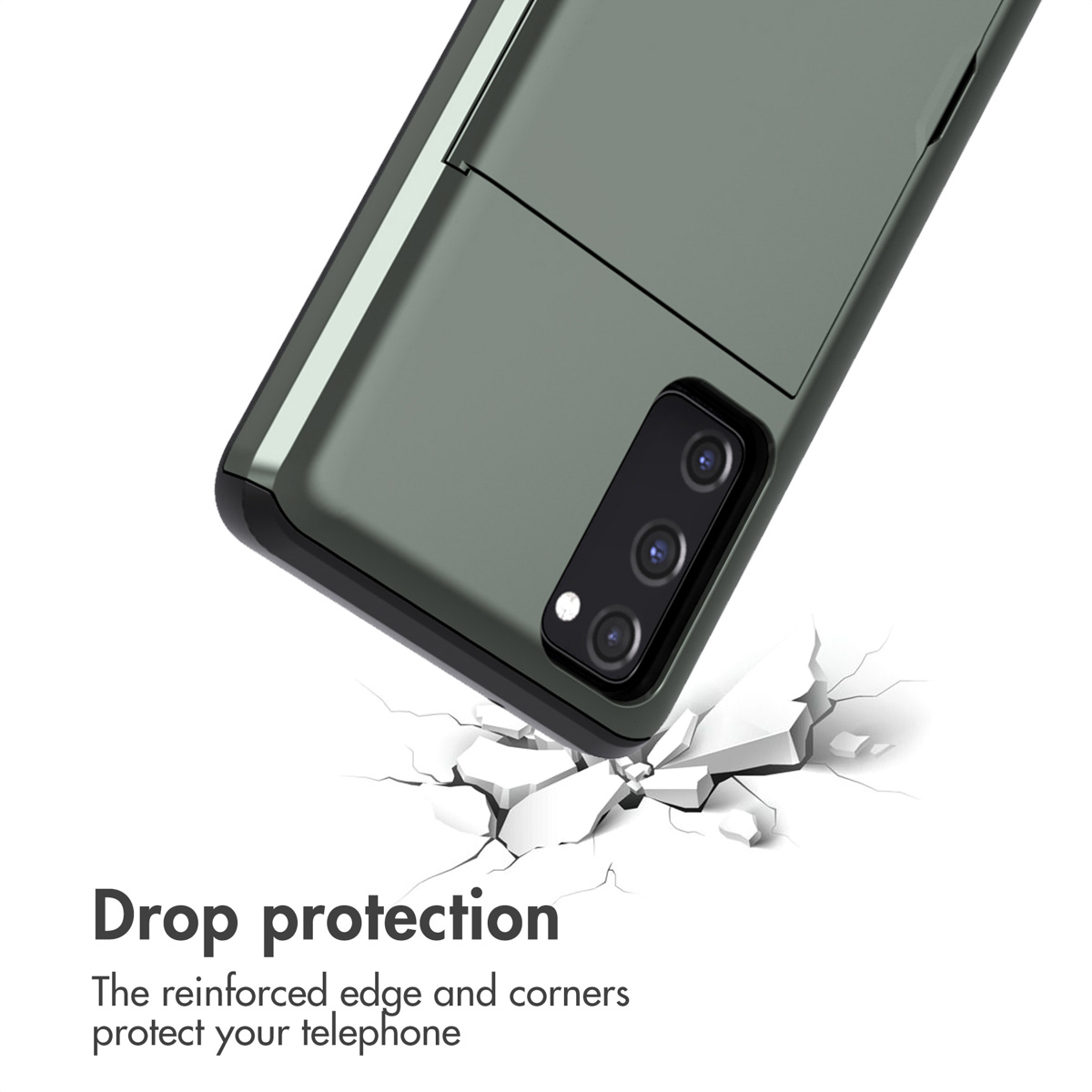 Une coque de téléphone verte avec porte-cartes au-dessus d'une surface blanche fissurée.