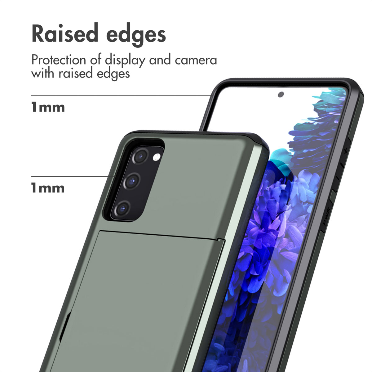 Schéma montrant une coque de téléphone avec des bords surélevés de 1 mm protégeant l'écran et l'appareil photo.