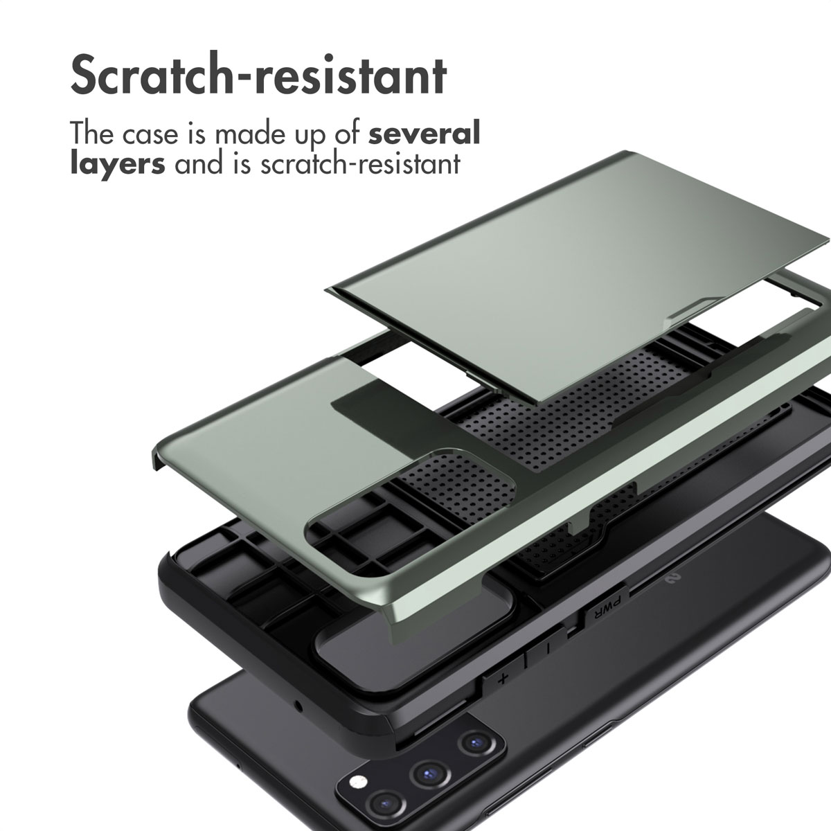 Vue éclatée d'une coque de protection multicouche résistante aux rayures au-dessus d'un smartphone.